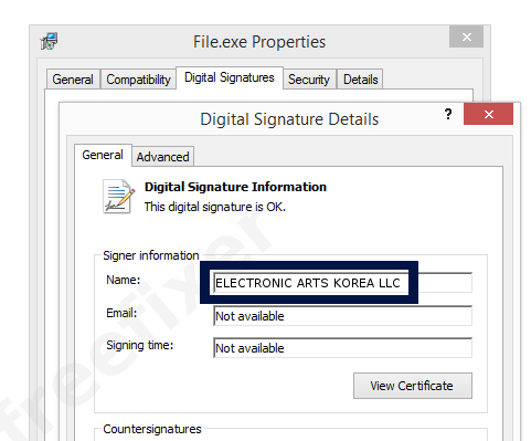 Screenshot of the ELECTRONIC ARTS KOREA LLC certificate